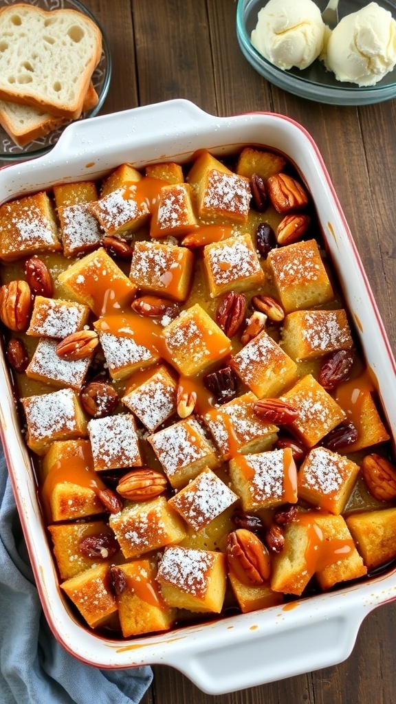 Classic Bread Pudding for a Large Crowd A golden-brown bread pudding in a baking dish, topped with powdered sugar and caramel sauce, served with ice cream.